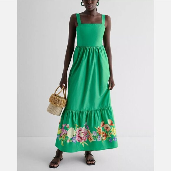 NWT Small Express Floral Square Neck Bow Back Tiered Maxi Dress - Picture 2 of 9